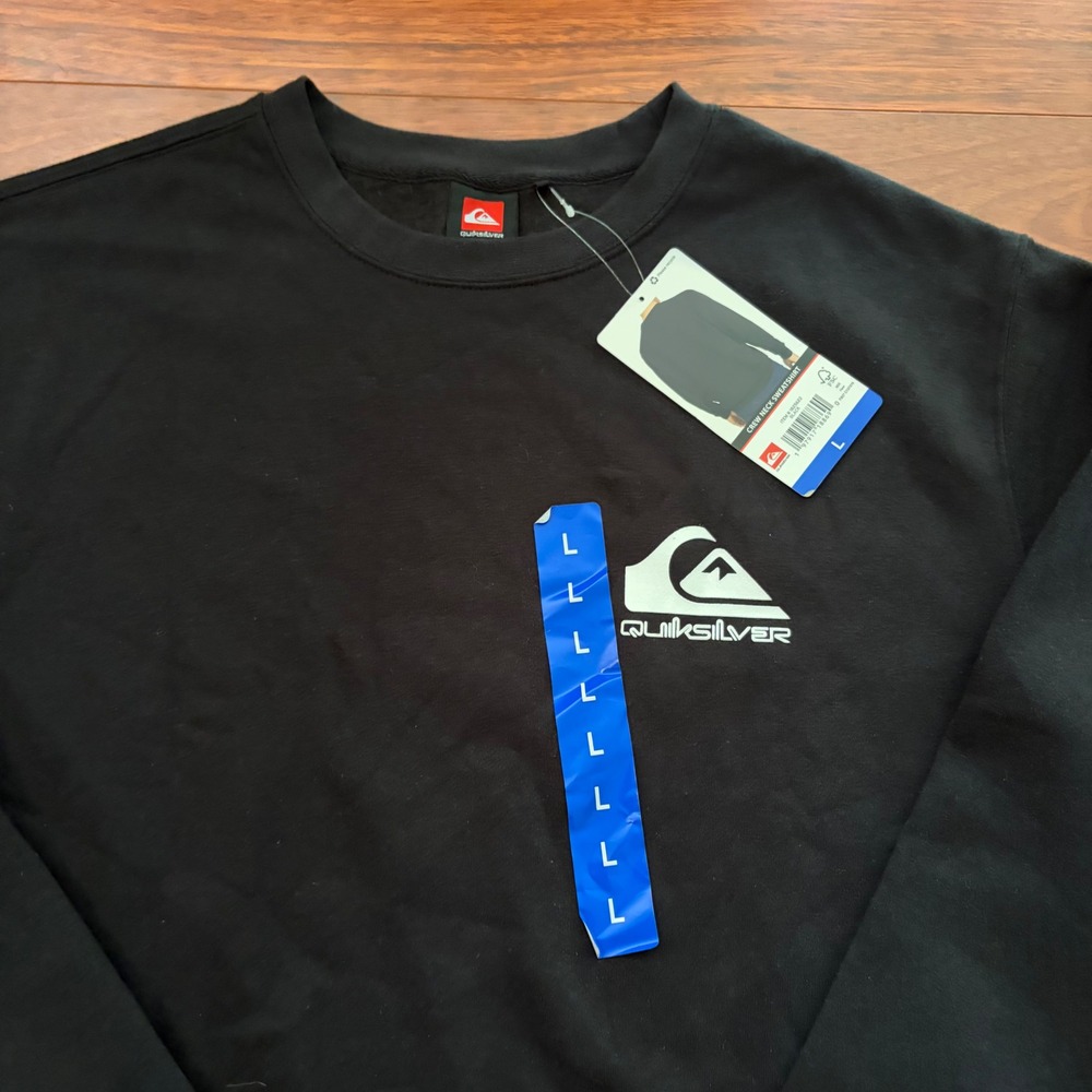 Quiksilver Mens Crew Neck Sweatshirt Size L Black Fleece Logo Pullover 1825622